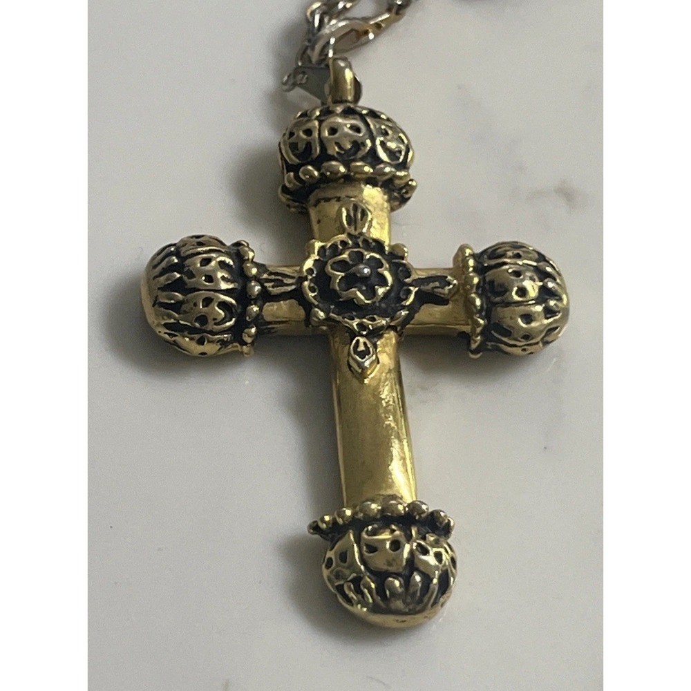 Vintage Ornate Gold Tone Renaissance Style Cross Pendant Chain Necklace